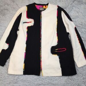 Bets Jacket Womens 1X White Black Zip Up Coat Lightweight Preppy Comfort Boho